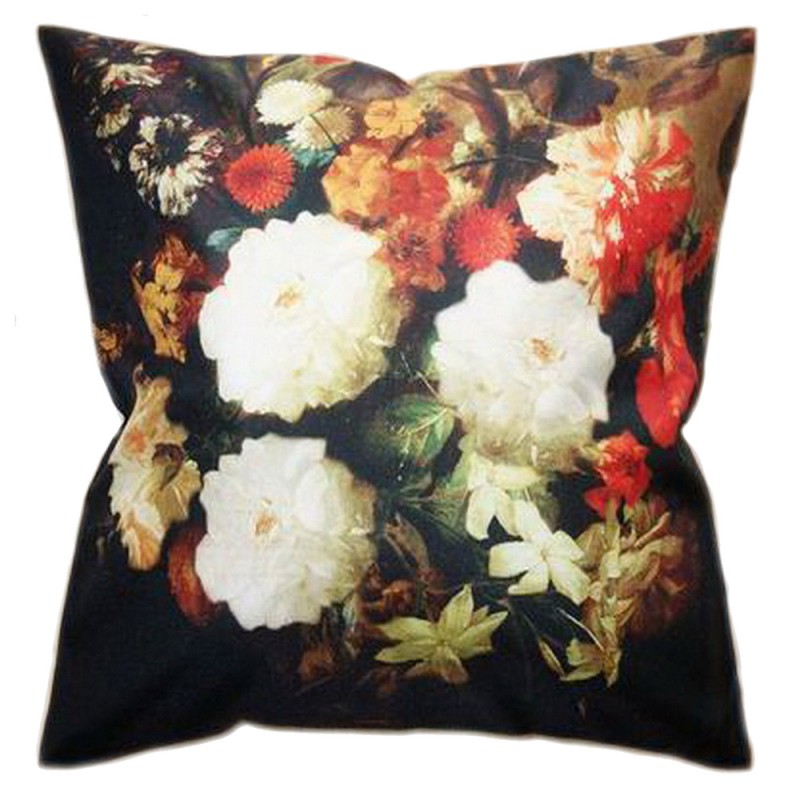 KT021.219 Cushion Cover 45x45 cm Black White Polyester Flowers Square Pillow Cover