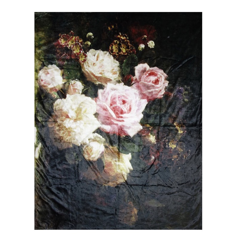 KT060.099 Throw Blanket 130x170 cm Black Pink Polyester Flowers Rectangle Blanket