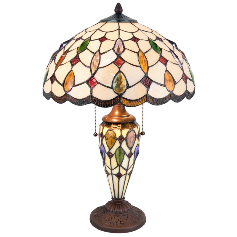5LL-5182 Lampe de table Tiffany Ø 40x60 cm Beige Marron Verre Demi-cercle Lampe de bureau Tiffany