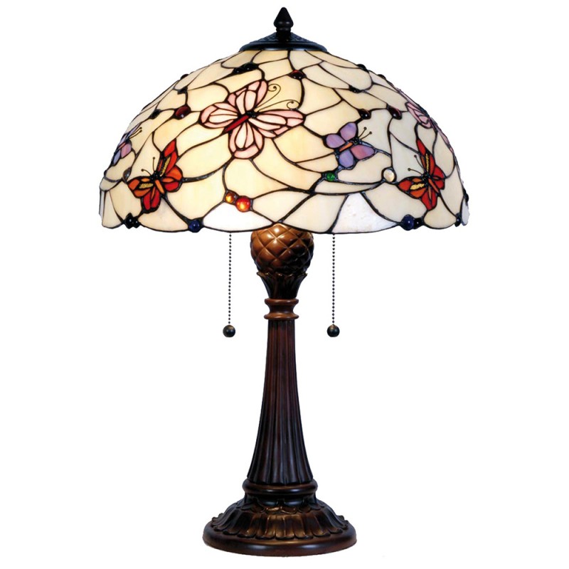 5LL-5365 Tiffany Tafellamp  Ø 41x60 cm  Beige Paars Glas Vlinder Halfrond Tiffany Bureaulamp