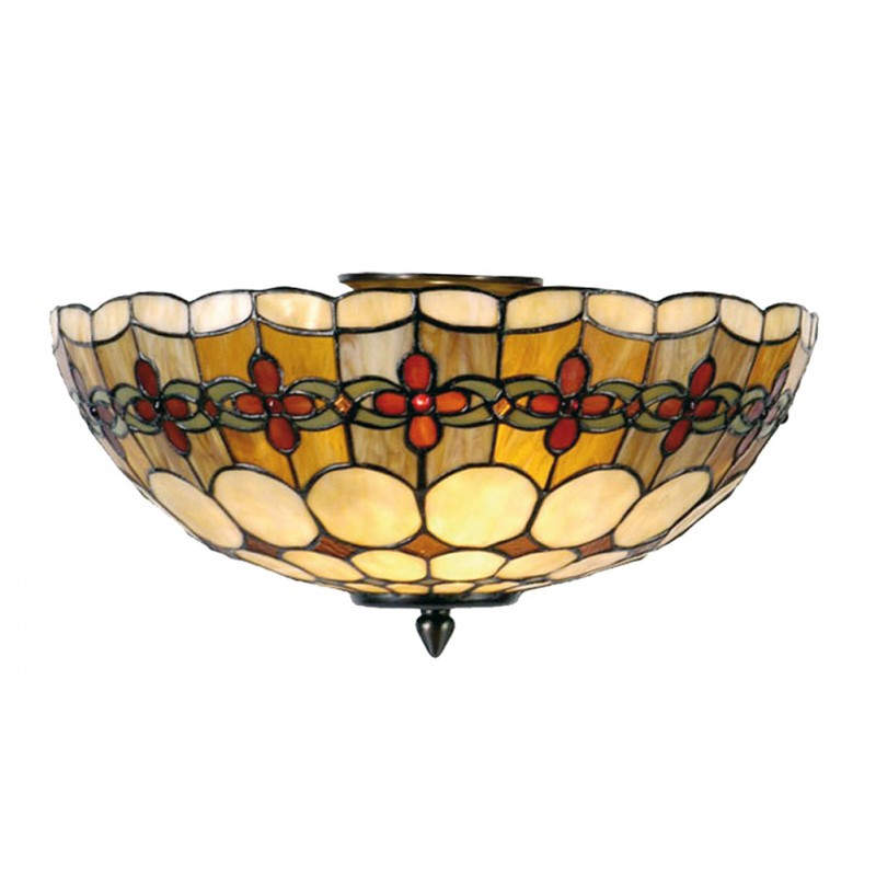 5LL-5416 Ceiling Lamp Tiffany Ø 40x24 cm  Beige Red Metal Glass Rose Semicircle Ceiling Light