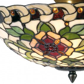 25LL-5419 Plafondlamp Tiffany  Ø 40x25 cm  Groen Rood Metaal Glas Roos Halfrond Plafonniere