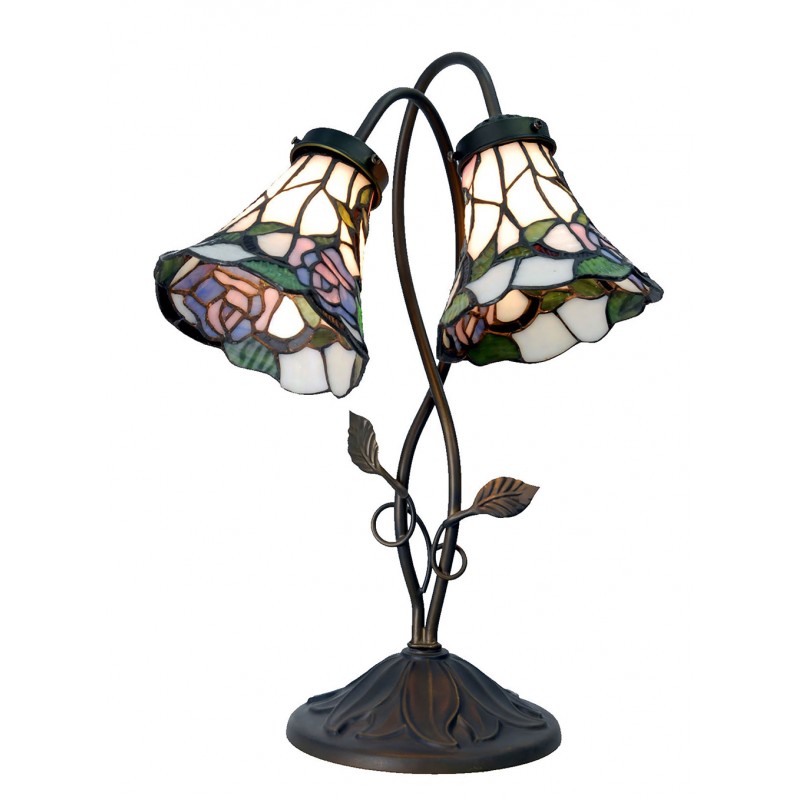 5LL-5748 Tiffany Tafellamp  34x28x47 cm  Wit Bruin Glas Bloemen Tiffany Bureaulamp