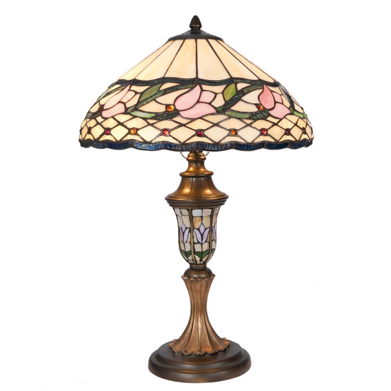 5LL-5774 Lampada da tavolo Tiffany Ø 40x60 cm  Beige Rosa  Vetro Fiore Lampada da scrivania Tiffany