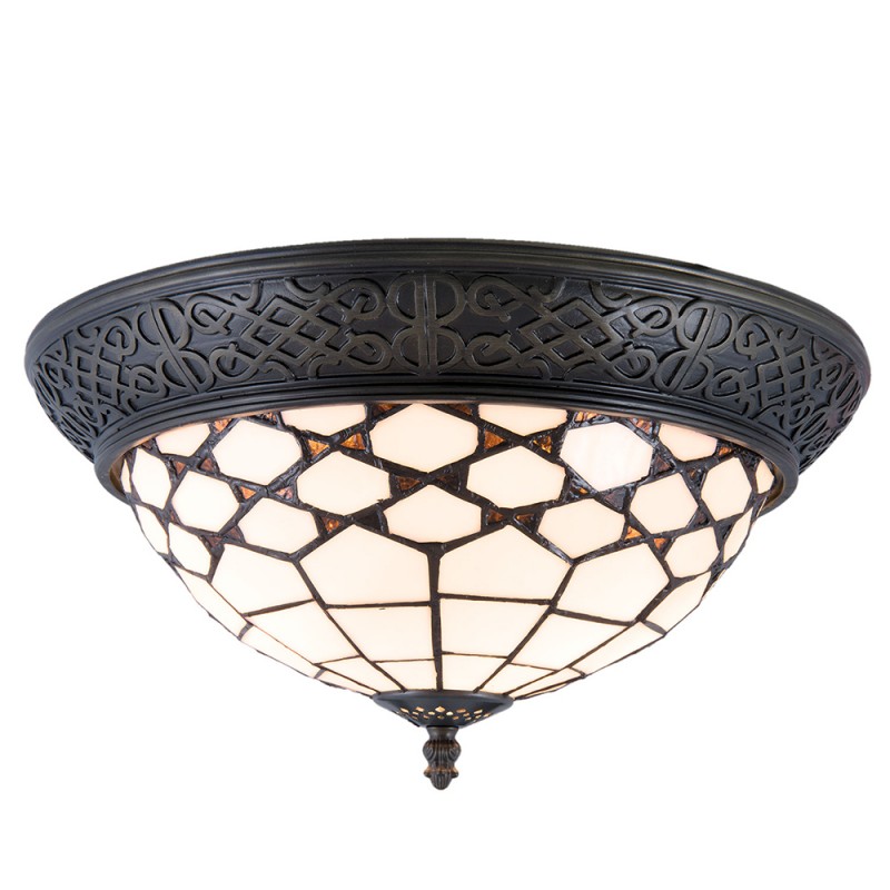 5LL-5891 Ceiling Lamp Tiffany Ø 38x19 cm  White Brown Glass Semicircle Ceiling Light