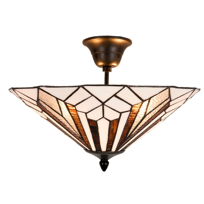 5LL-5896 Ceiling Lamp Tiffany Ø 40x28 cm  White Brown Metal Glass Triangle Ceiling Light