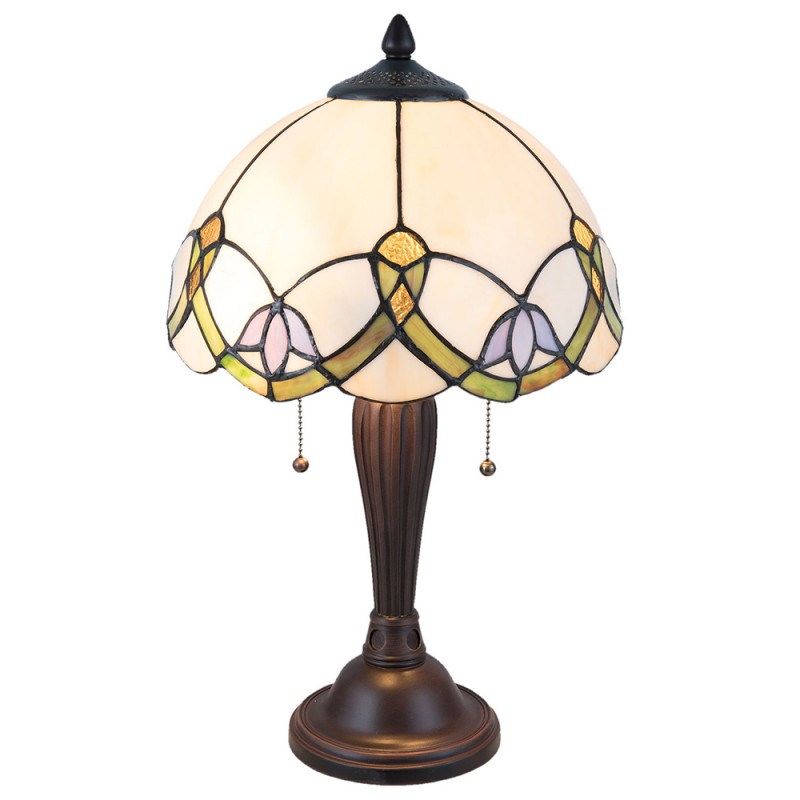 5LL-5918 Tiffany Tafellamp  Ø 30x50 cm  Beige Groen Glas Bloemen Tiffany Bureaulamp