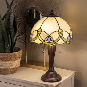 25LL-5918 Tiffany Tafellamp  Ø 30x50 cm  Beige Groen Glas Bloemen Tiffany Bureaulamp