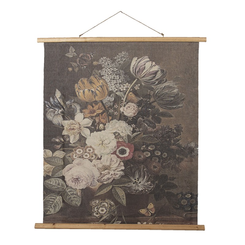5WK0031 Wall Tapestry 80x100 cm Grey Wood Textile Flowers Rectangle Wall Hanging