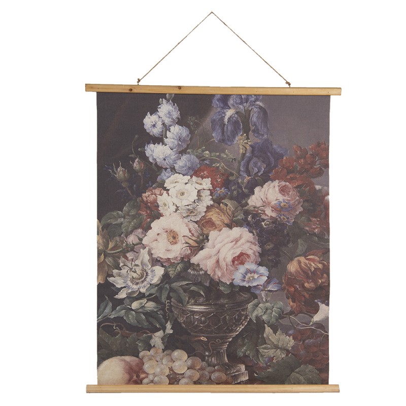 5WK0039 Wandteppich 80x100 cm Blau Rosa Holz Textil Blumen Rechteck Wandtuch
