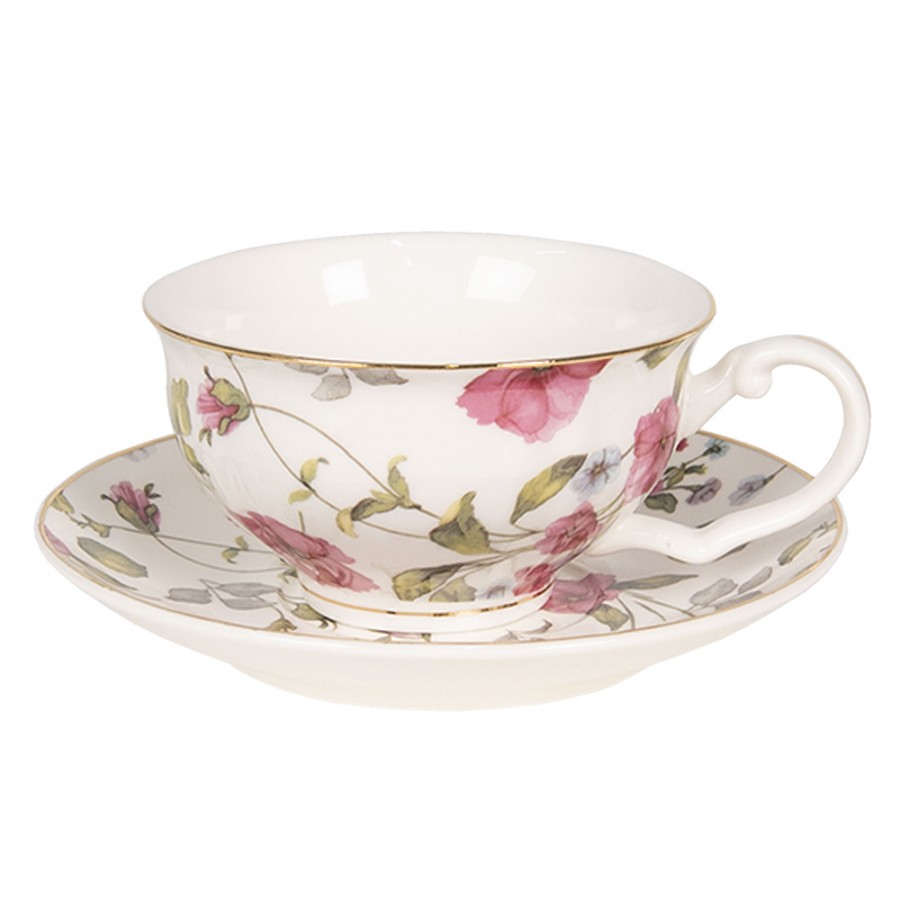 Clayre & Eef Tazza e piattino 175 ml Bianco Rosa Porcellana Rotondo Fiori