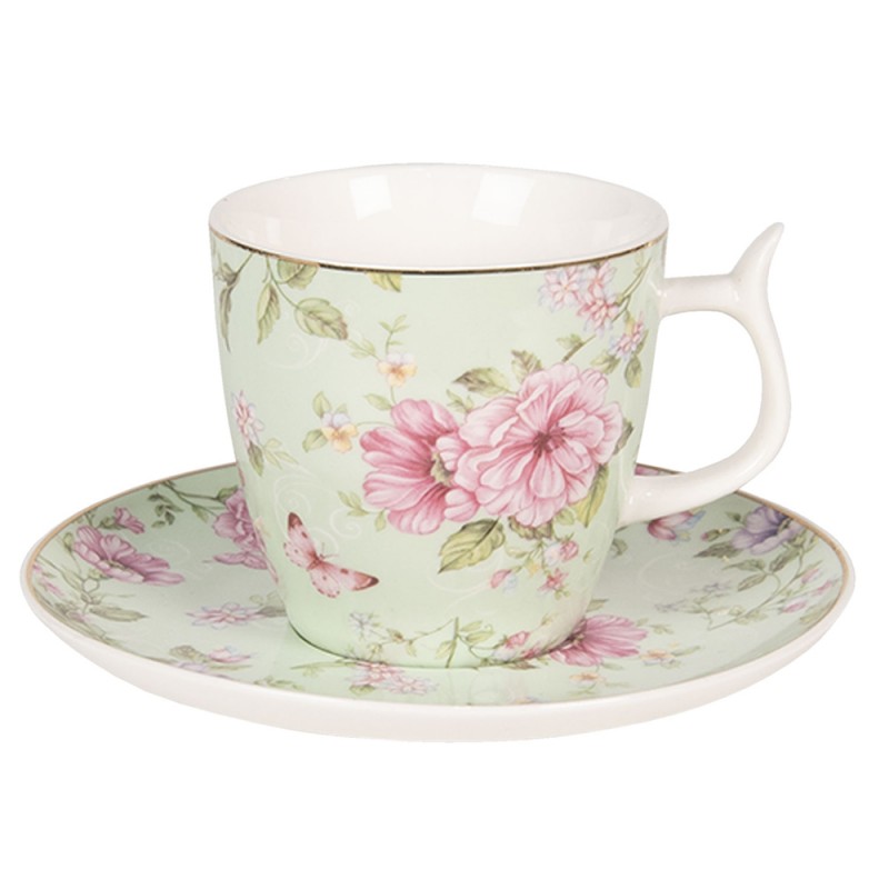 6CE1071 Cup and Saucer 160 ml Green Pink Porcelain Flowers Tableware