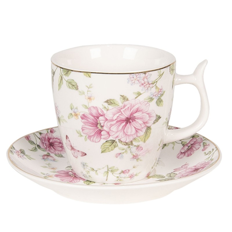 6CE1072 Cup and Saucer 160 ml Pink White Porcelain Flowers Tableware