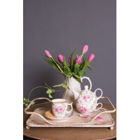 26CE1072 Tasse mit Untertasse 160 ml Rosa Weiß Porzellan Blumen Geschirr