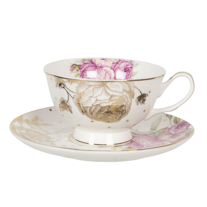 6CE1123 Cup and Saucer 200 ml White Pink Porcelain Flowers Tableware