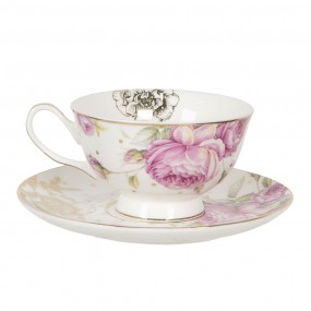 26CE1123 Cup and Saucer 200 ml White Pink Porcelain Flowers Tableware