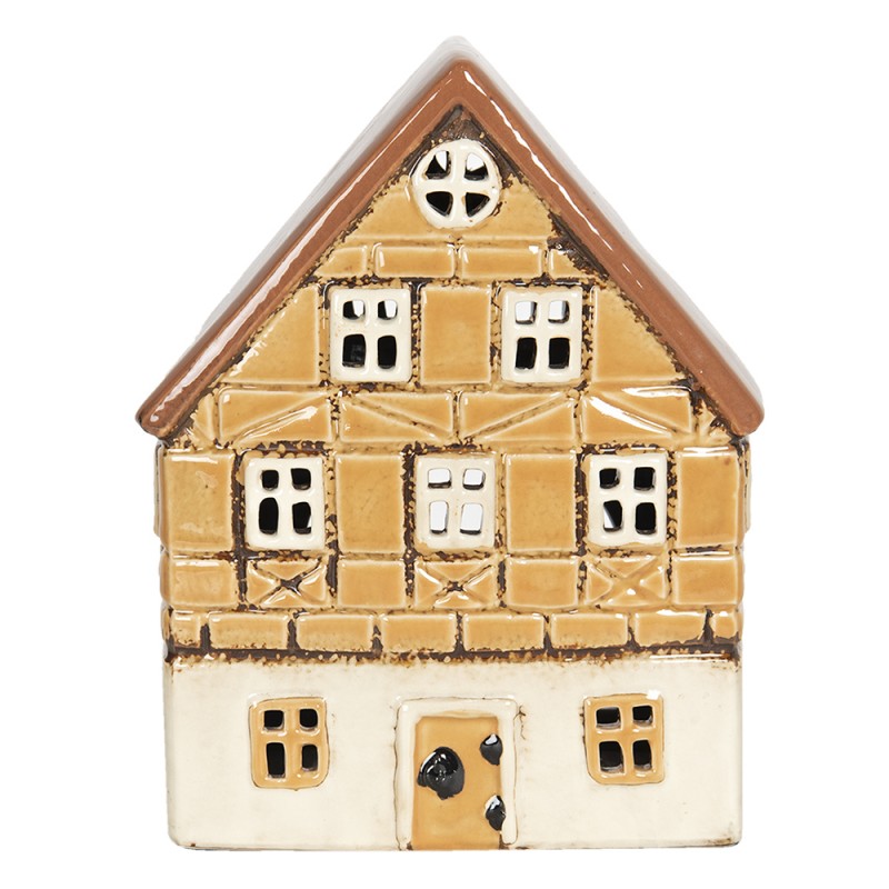 6CE1151 Theelichthouder Kerst Huis 16*9*21 cm Beige Keramiek Rechthoek