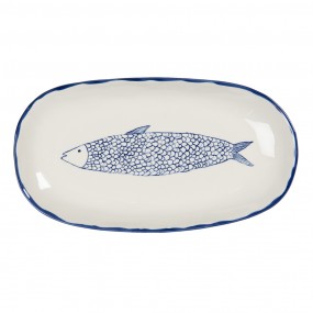 26CE1245 Servierplatte 30x16x3 cm Beige Blau Keramik Fisch Oval