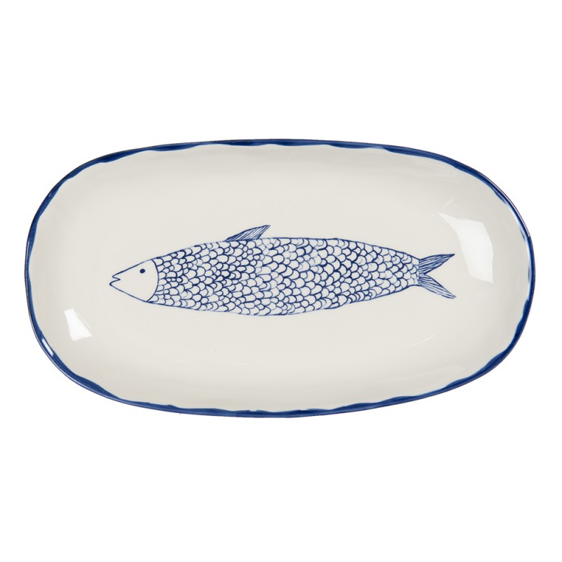 6CE1245 Servierplatte 30x16x3 cm Beige Blau Keramik Fisch Oval