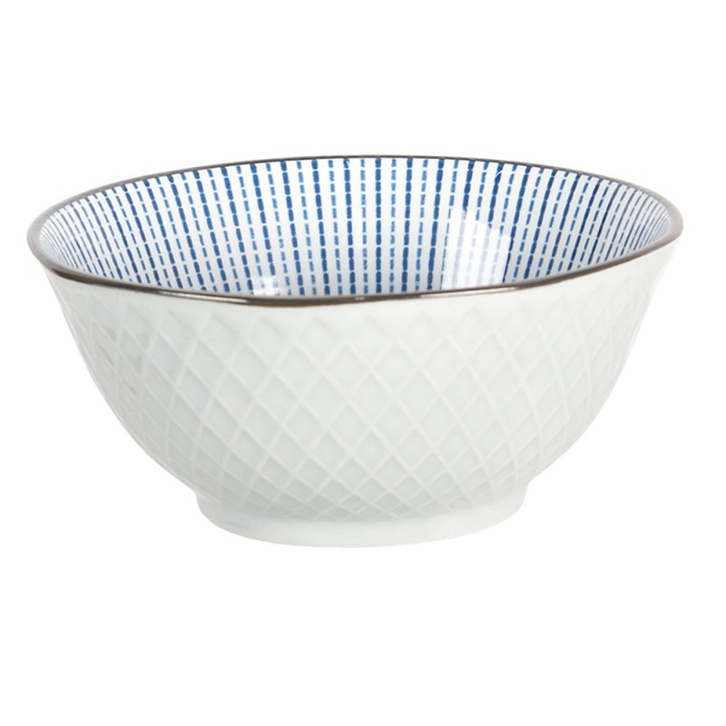 6CEPU0045 Soup Bowl Ø 13 cm White Blue Ceramic Stripes Round Serving Bowl