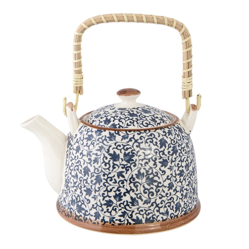 6CETE0005 Teekanne mit Filter 700 ml Blau Keramik Blumen Rund Kanne für Tee