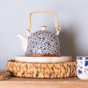 26CETE0005 Teekanne mit Filter 700 ml Blau Keramik Blumen Rund Kanne für Tee