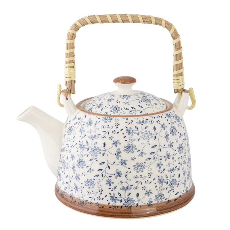 6CETE0012 Teekanne mit Filter 700 ml Blau Keramik Blumen Rund Kanne für Tee