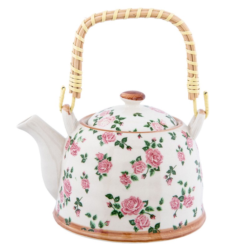 6CETE0021 Teekanne mit Filter 700 ml Beige Rosa Keramik Blumen Rund Kanne für Tee