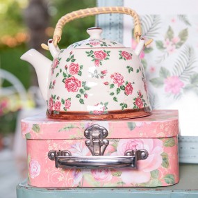 26CETE0021 Teapot with Infuser 700 ml Beige Pink Ceramic Flowers Round Tea pot
