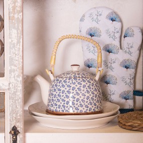 26CETE0022 Teekanne mit Filter 700 ml Blau Keramik Blumen Rund Kanne für Tee