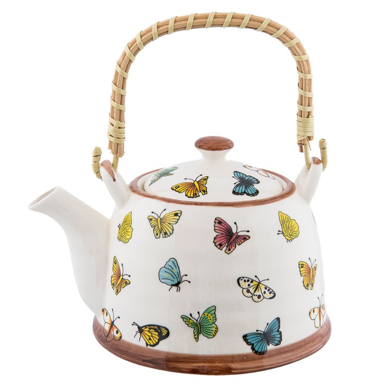 6CETE0025 Teiera con infusore 700 ml Beige Giallo Ceramica Farfalle Rotondo Pentola per il tè