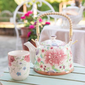 26CETE0028 Teekanne mit Filter 700 ml Beige Rosa Keramik Blumen Rund Kanne für Tee