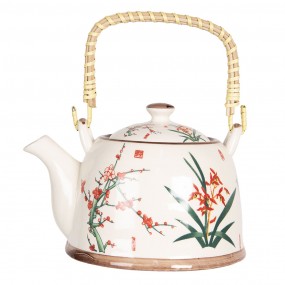 26CETE0074 Teapot with Infuser 800 ml Beige Green Porcelain Flowers Round Tea pot