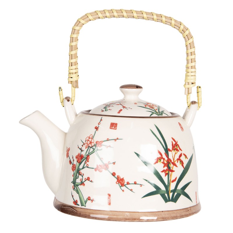6CETE0074 Teapot with Infuser 800 ml Beige Green Porcelain Flowers Round Tea pot