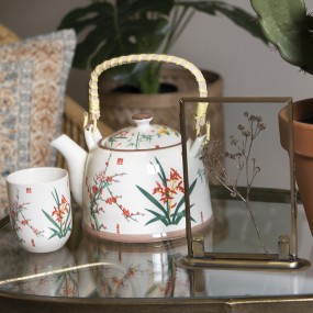 26CETE0074 Teapot with Infuser 800 ml Beige Green Porcelain Flowers Round Tea pot