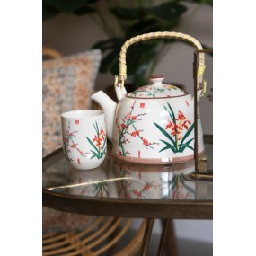 26CETE0074 Teekanne mit Filter 800 ml Beige Grün Porzellan Blumen Rund Kanne für Tee