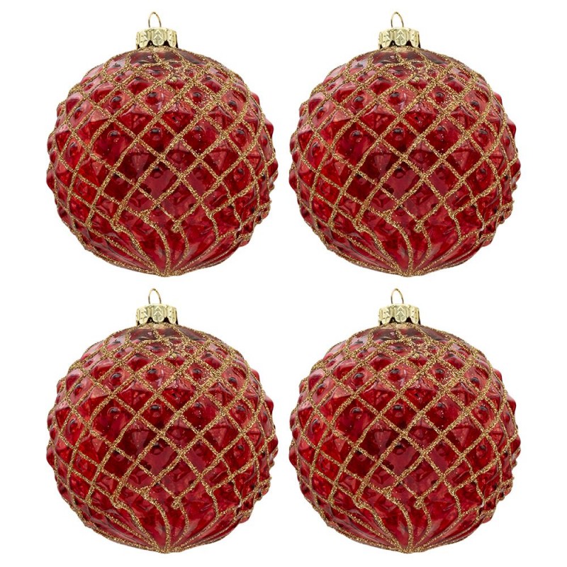 6GL3282 Christmas Bauble Set of 4 Ø 10 cm Red Glass Round Christmas Tree Decorations
