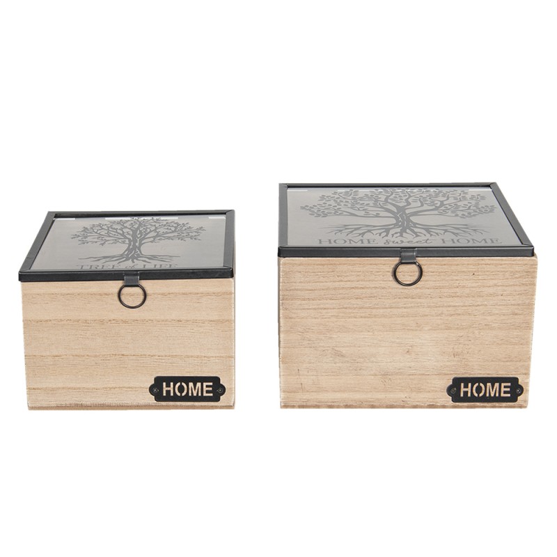 6H1936 Storage Box Set of 2 18x18x12 cm Brown Wood Glass Square Storage Chest