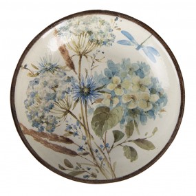 26H1973 Serving Platter Ø 20x4 cm White Blue Wood Flowers Round Presentation Plate
