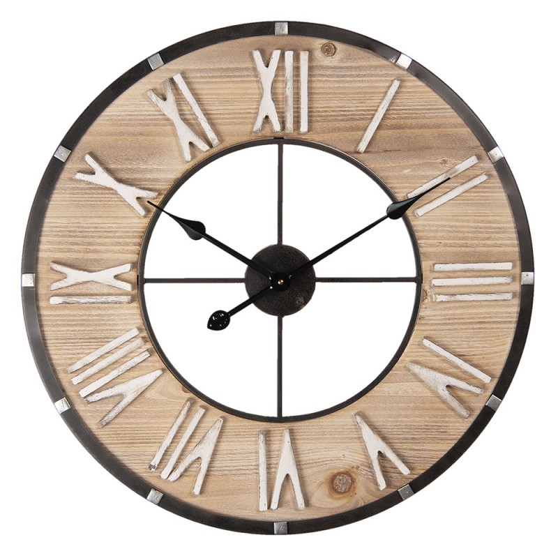 6KL0623 Wall Clock Ø 60 cm Brown Wood Metal Round Hanging Clock