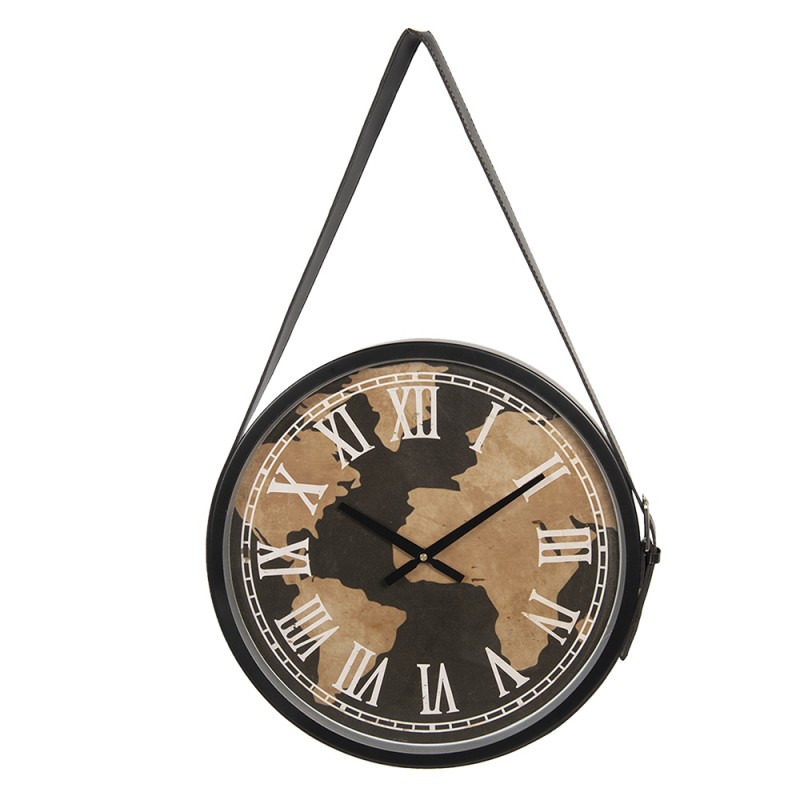6KL0698 Wall Clock Ø 42 cm Brown Wood Metal World Map Round Hanging Clock