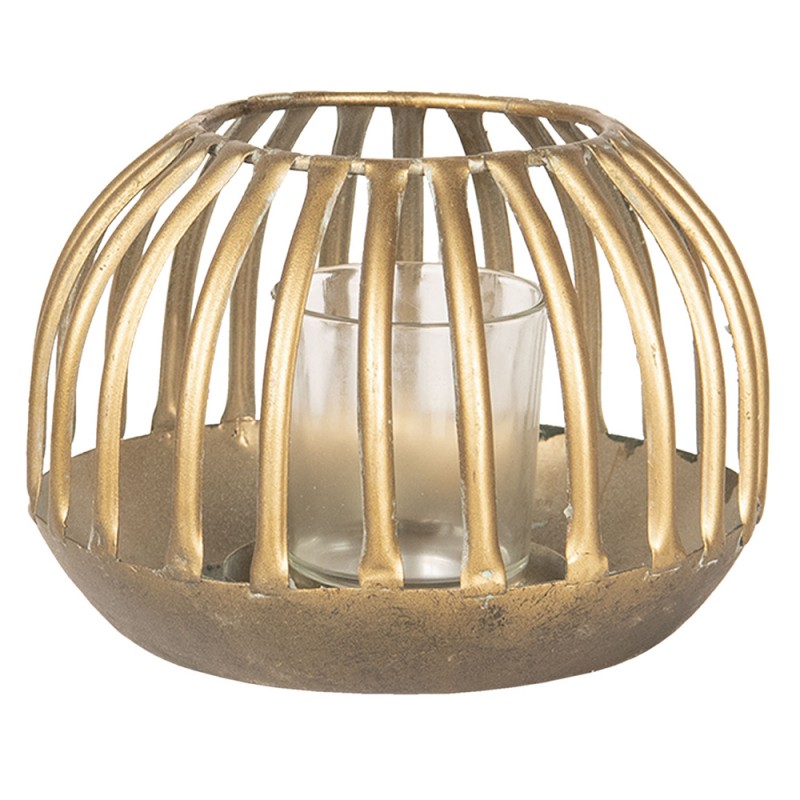 6Y3356 Wind Light Ø 15x10 cm Gold colored Metal Glass Round Candlestick