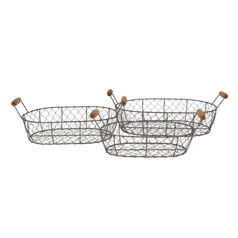 6Y3769 Storage Basket Set of 3 42x27x15 cm Brown Iron Wood Round Basket