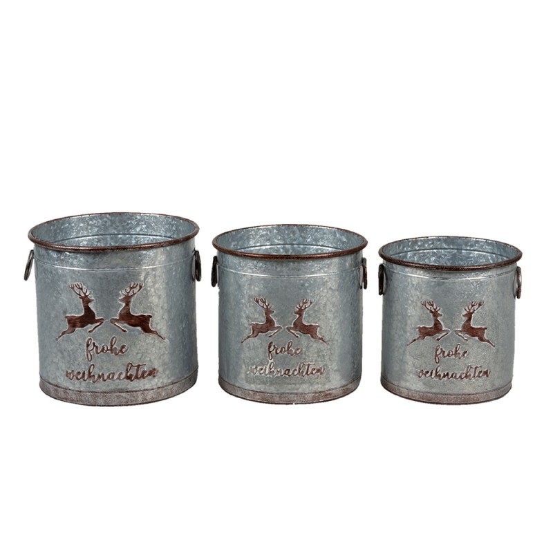 6Y4452 Decorative Bucket Set of 3 Grey Iron Reindeers Round Flower Pot