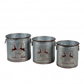 26Y4452 Decorative Bucket Set of 3 Grey Iron Reindeers Round Flower Pot