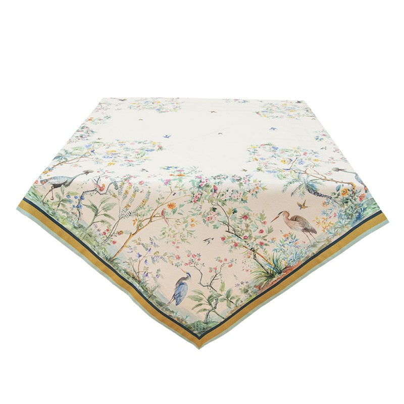 BIP01 Tischdecke 100x100 cm Beige Grün Baumwolle Tropisches Motiv Quadrat Tischtuch