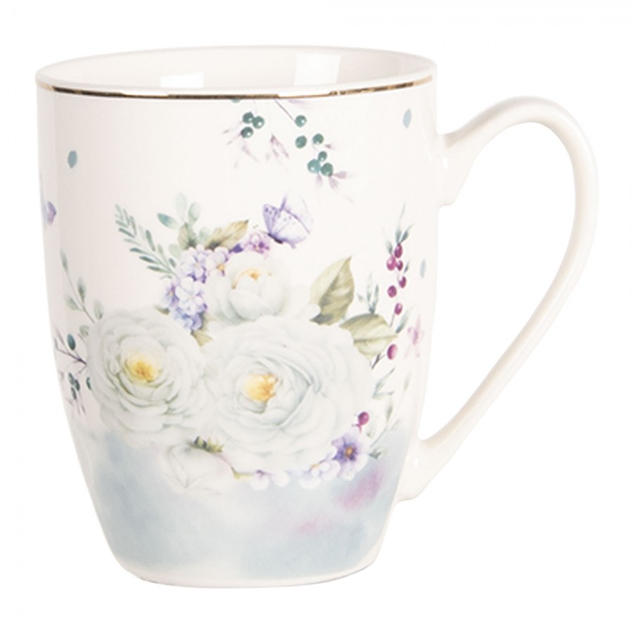 Clayre & Eef Mug 360 ml Blanc Rose Porcelaine Fleurs