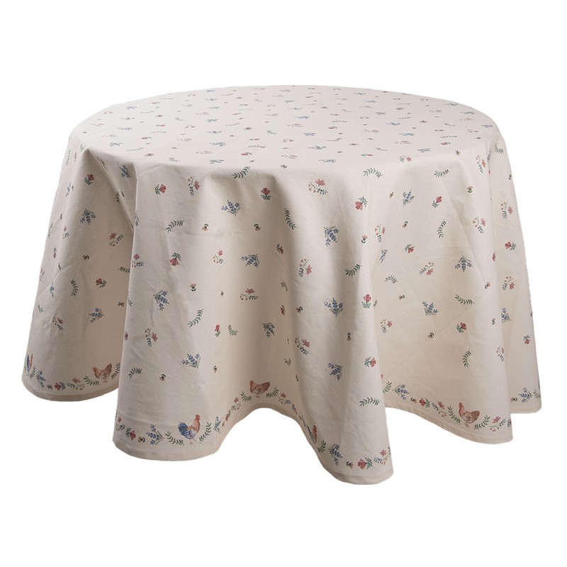 CAR07 Tablecloth Ø 170 cm Beige Blue Cotton Chicken and Rooster Round Table cloth