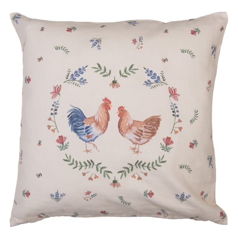 CAR21 Cushion Cover 40x40 cm Beige Blue Cotton Chicken and Rooster Square Pillow Cover