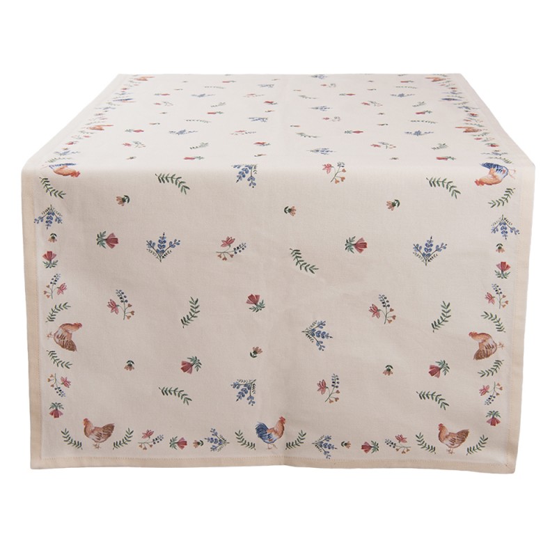 CAR64 Table Runner 50x140 cm Beige Blue Cotton Chicken and Rooster Rectangle Tablecloth